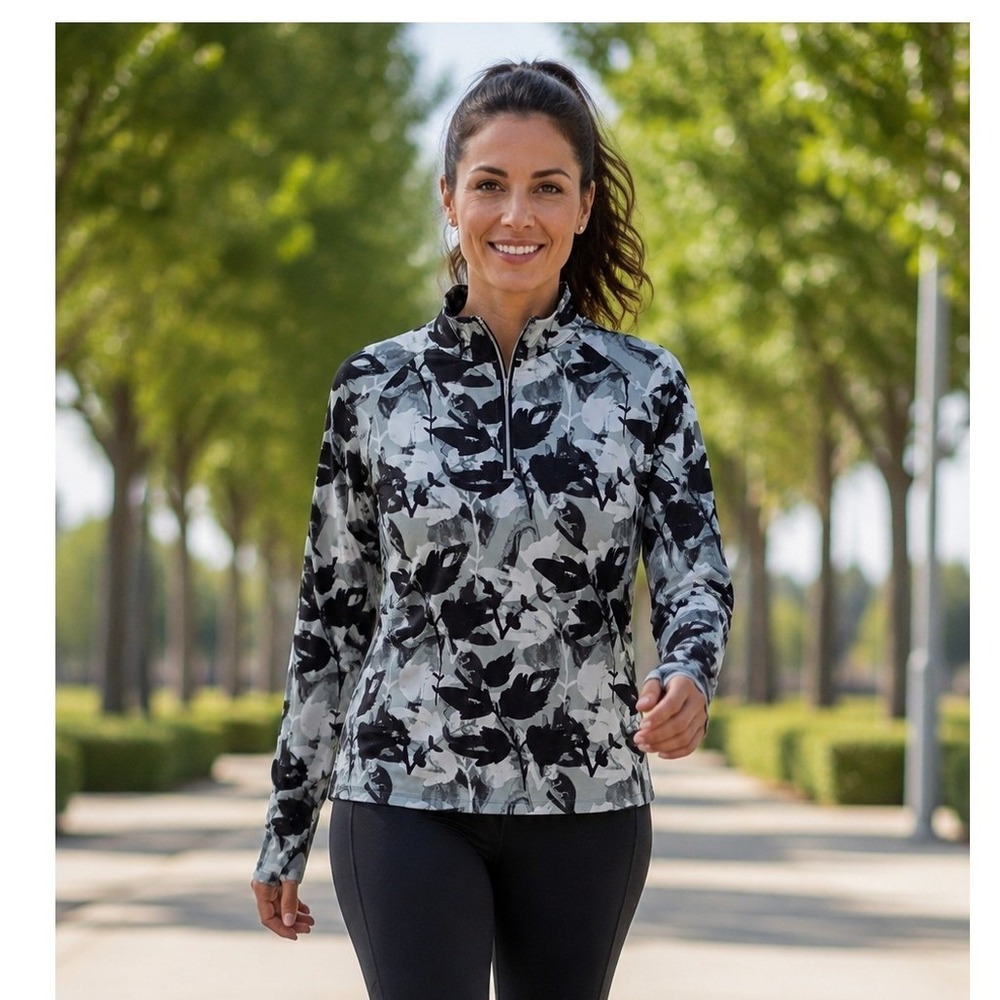 Lady Hagen Women Quarter Zip Pullover Floral Black White Golf Top Large